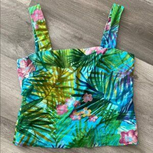 Maggy London Petites Linen Floral Camisole Womens 4 Green Blue Palm Print